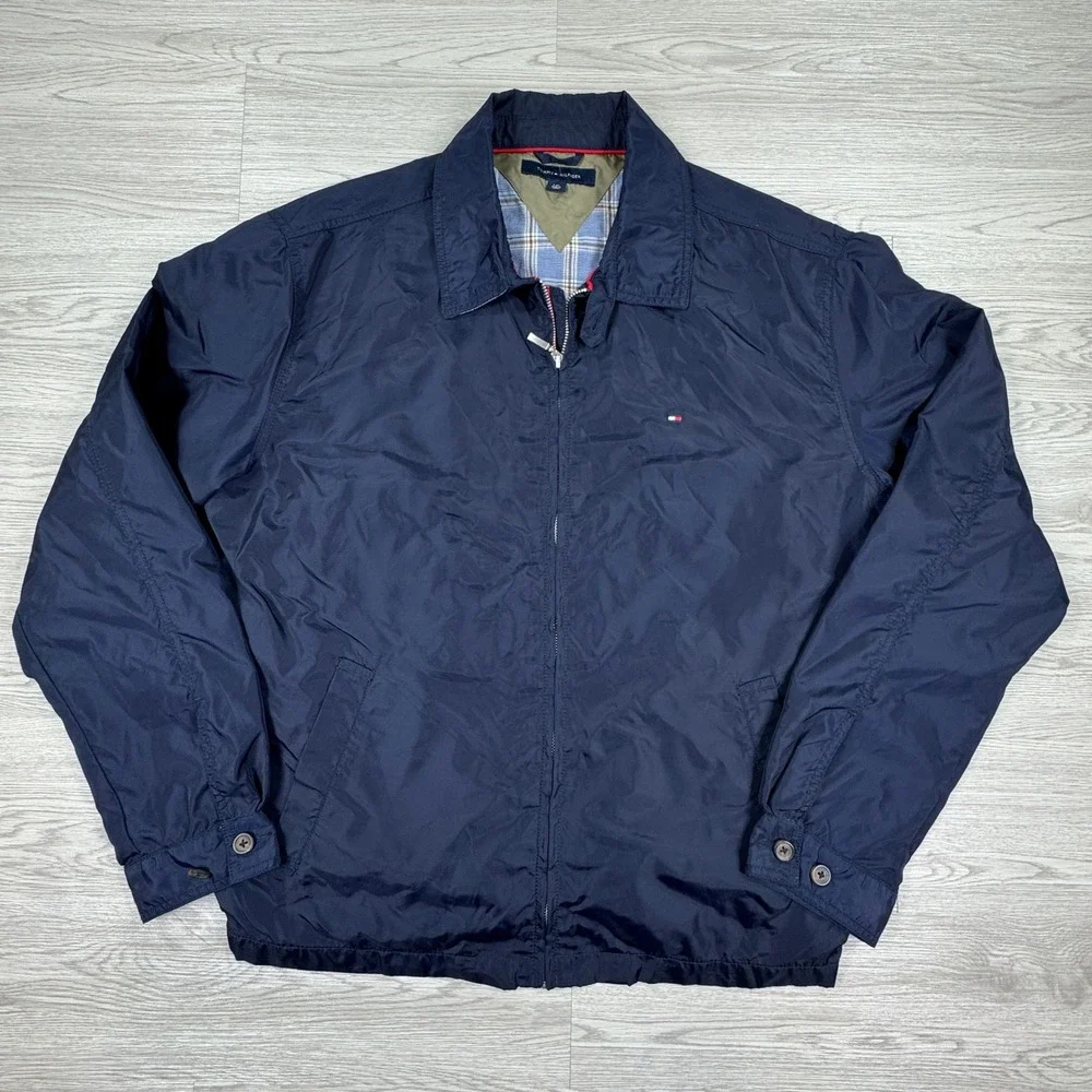 Tommy Hilfiger Men's Jacket Windbreaker Navy Blue Large Plaid Lined Full Zip